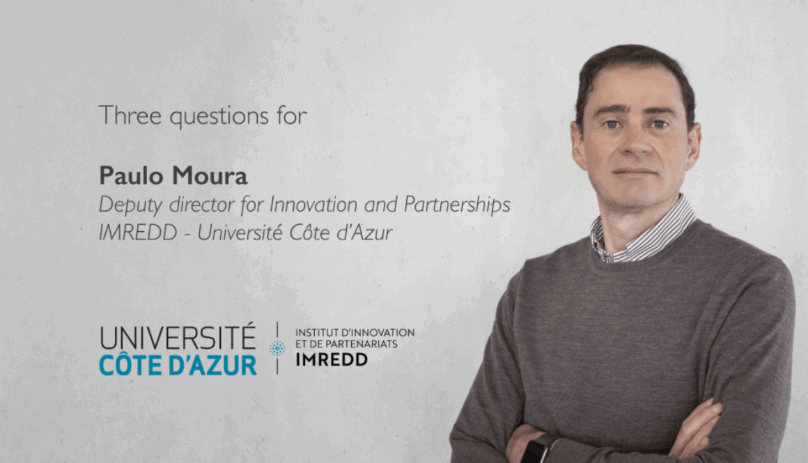 Header image for an interview article with Paulo Moura, Deputy Director for Innovation and Partnerships at IMREDD – Université Côte d’Azur. The image includes his name, title, and institutional logos.