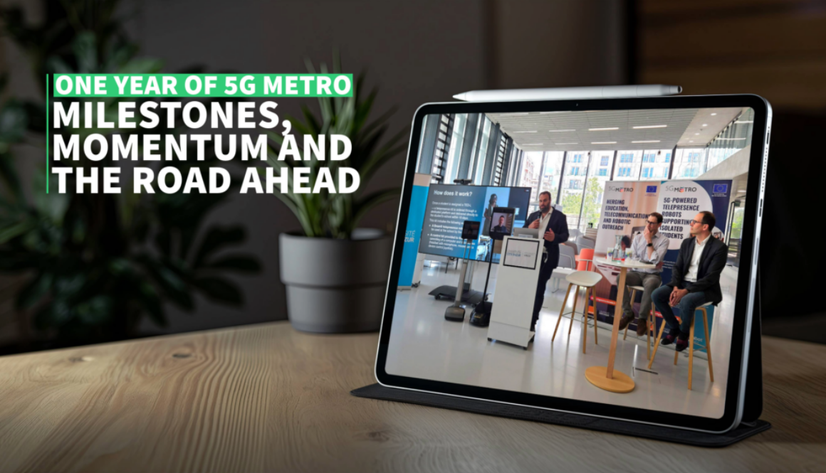 5G Metro first anniversary illustration image : a photograph of the launch event seen on the screen of a tablet propped on a table.