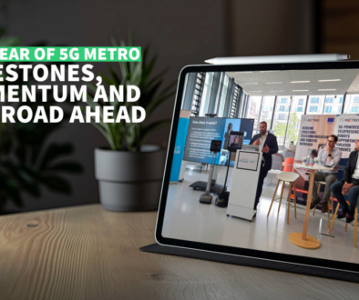 5G Metro first anniversary illustration image : a photograph of the launch event seen on the screen of a tablet propped on a table.